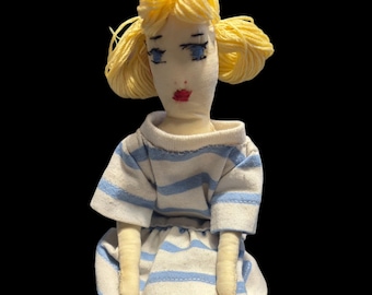 Vintage Handmade Cloth Doll 12” Rag Doll Blue Striped Dress Yarn Hair