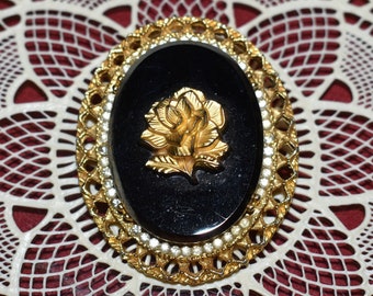 Vintage Celebrity Gold Tone Black Glass Rose Cameo, Mothers Day Golden Rose Brooch