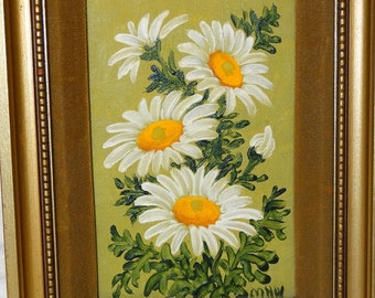 Vintage Small Daisy Oil Painting , Signed M.H. Wooten, Baytown Texas, Daisy Flower Bouquet,  Flowers, Still Life Floral Arrangement, Daisies