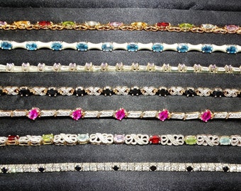 Vintage Multi-Colored Tennis Bracelets, 925, Gold Overlay, Gemstone Bracelets