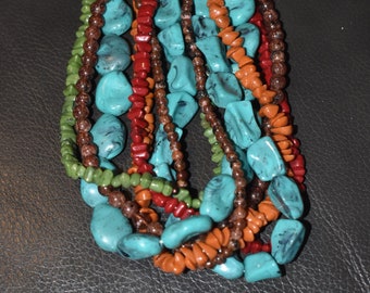 Vintage 90's Multi Strand Statement Necklace, Faux Turquoise, Coral, Jade, Light Weight