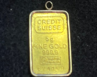 999% Yellow 24K Gold Credit Suisse 5G Fine Gold Bar Pendant / Charm, 14K Gold Framed Charm, Essayeur Fondeur  674168