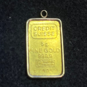 999% Yellow 24K Gold Credit Suisse 5G Fine Gold Bar Pendant / Charm, 14K Gold Framed Charm, Essayeur Fondeur  674168