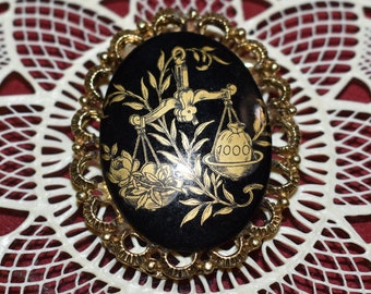 Vintage Zodiac Libra Scale Brooch Cameo, Black & Gold Porcelain