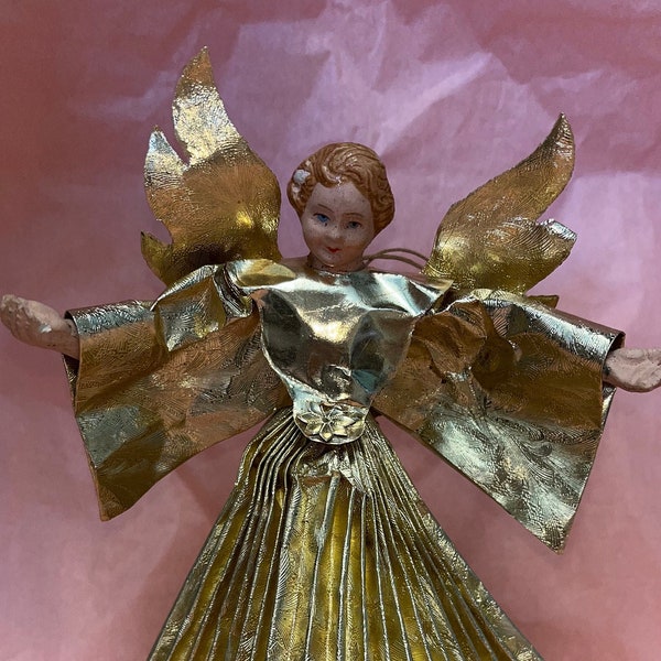 Rare Angel Tree Topper, Made in Germany, Paper & Accordion Angel Christmas Tree Topper, West Germany Ornament