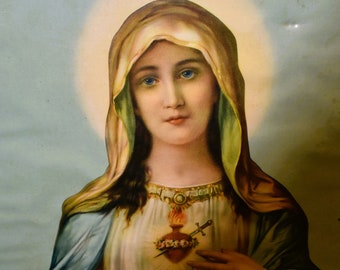 1940's Antique Italian Immaculate Heart Virgin Mary Lithograph Print, Virgin Mother Religious Symbol, Christianity