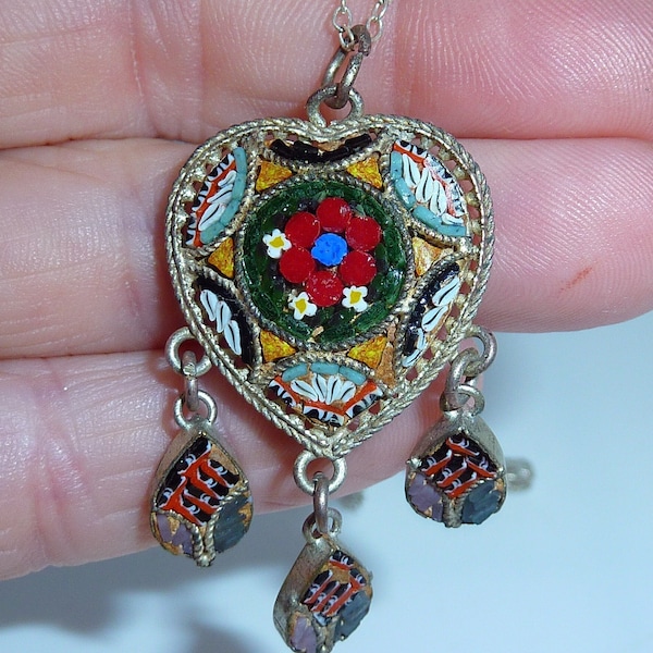 Antique Micro Mosaic Heart Shaped Pendant Necklace with 3 Dangles on Silver Chain, c.1920, Antique Millefiori Glass