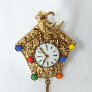 Rare Cuckoo Clock Vintage Pin Czechoslovakia Cuckoo Bird Multi Color Beads - Tik Tok, MCM CucKoo Clock Brooch, Porcelain