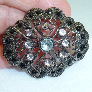 Vintage Black & Pink Accent Rhinestones Victorian Style Brooch / Pin, Oval Filagree Classic, Designer Costume Jewelry