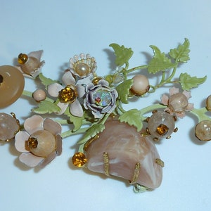 Vintage 1950s Tole Flowers Chunky Pink RS Beads, Large Statement Brooch, Wedding Jewelry, Pastel Floral Brooch
