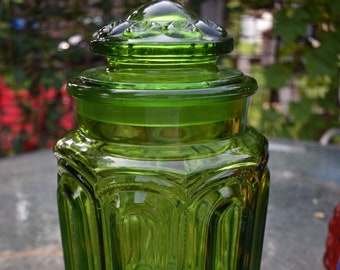 Mid Century Glass Canister & Lid Moon and Star Emerald  Decanter, Apothecary Glass Jar with Lid - Discontinued 11 1/4" Smith Glass Co.