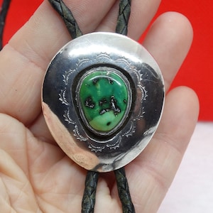 Vintage Bennett Sterling & Turquoise Bolo Tie, Leather, 30.6 grams, C-31, Southwest Silver Turquoise Bolo, Western Wear