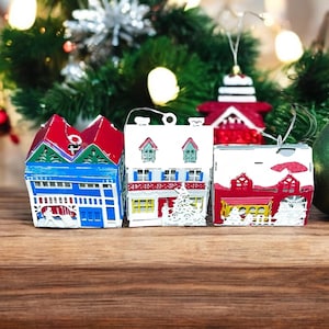 Vintage Tin Lithograph House Ornaments, Made in Taiwan, Victorian Country House Ornament, Lighted Ornament, Miniature House Village Ornament