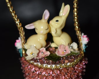 Vintage Easter Handmade Beaded Ornament Bunny Bunnies Telling Secrets, Rabbits in the Flower Patch