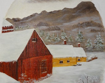 Red Barn Oil Painting, Winter Farm, Red Barn, Christmas Winter, Snow, Signed M. Holt, Rolling Hills, Mountains, Pine Trees, Winter Snow