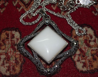 Dramatic Judith Jack Sterling Silver 925 Marcasite & Shell, Art Deco Style, Square Pendant Necklace