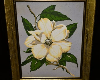 Mid Century Paint by Number Flower Painting, Magnolia Flower Painting, MCM Flower Art Framed