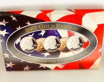 2001  24k Gold Overlay Edition State Quarter Collection Proof Set, COA, New York, North Carolina, Rhode Island, Vermont, Kentucky Quarters