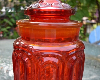 Mid Century Glass Canister & Lid Moon and Star Amberina. Decanter, Apothecary Glass Jar with Lid - Discontinued 9 1/4" Smith Glass Co.