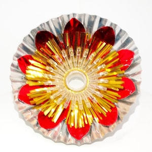 Vintage Mid Century Aluminum & Tinsel Christmas Tree Reflector, Mod Christmas Decoration, Red, Gold, Silver,  Atomic Colors