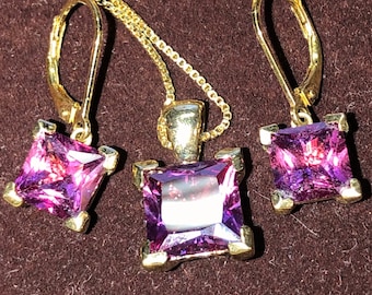 Vintage Amethyst Necklace & Earring Set, Gold over Sterling Silver, Vibrant Purple Color, Elegant Necklace Set
