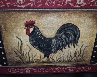 Country Folk Art Rooster Art Print on Stretched Canvas  Rise-N-Shine;  Vintage Rustic Black Rooster, Farmhouse decor Country Kitchen