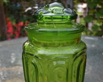 Mid Century Glass Canister & Lid Moon and Star Emerald  Decanter, Apothecary Glass Jar with Lid - Discontinued 9 1/4" Smith Glass Co.