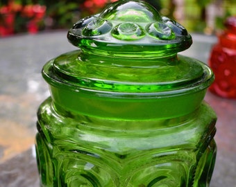 Mid Century Glass Canister & Lid Moon and Star Emerald  Decanter, Apothecary Glass Jar with Lid - Discontinued 7" Smith Glass Co.