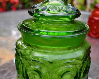 Mid Century Glass Canister & Lid Moon and Star Emerald  Decanter, Apothecary Glass Jar with Lid - Discontinued 5" Smith Glass Co.