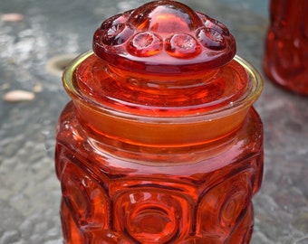 Mid Century Glass Canister & Lid Moon and Star Amberina. Decanter, Apothecary Glass Jar with Lid - Discontinued  6 5/8" Smith Glass Co.