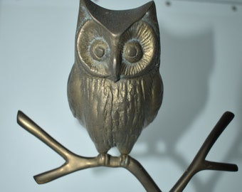 Vintage Brass Owl on a Branch, Owl sitting on Tree Branch, Made in Korea, Brown Owl, Night Owl Figure, Hooter