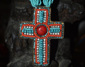 Vintage 90's Turquoise & Red Seed Beaded Cross Necklace, Southwestern Style, Rodeo Jewelry