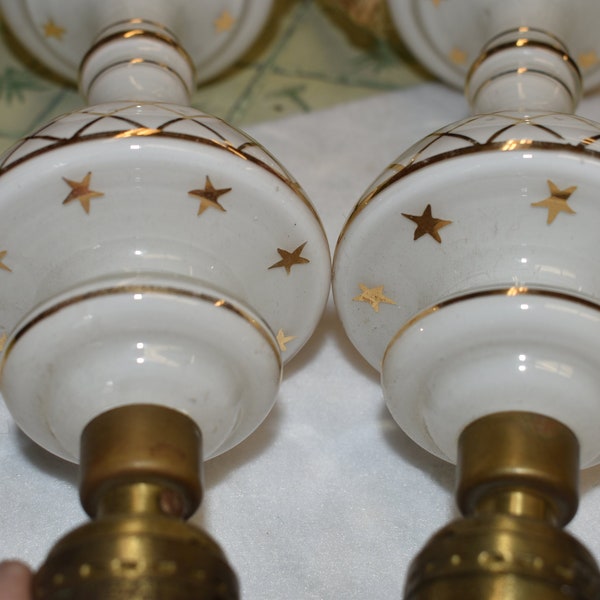 1940's Milk Glass Vanity Nightstand Lamps, Gold Accents, Stars Colonial Style