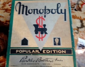 Monopoly Game, Popular Edition, Green Box, Antique Vintage Monopoly 1935-1936 Copyright Parker Brothers, No Board