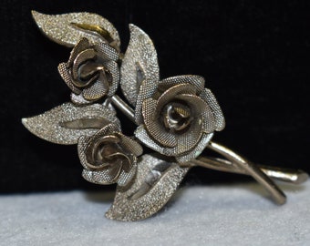 Vintage Silver Rose Pin, Silver Rose Brooch, Rose Bouquet Pin, Mothers Day Rose Pin, Valentines Day Rose Pin