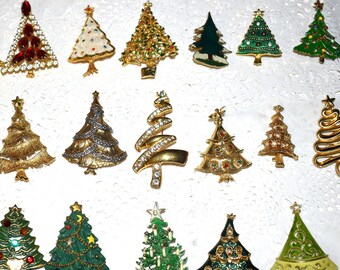 Vintage Enamel Christmas Tree Pins, Rhinestone Christmas Tree Pins, Mid Century Christmas Tree Pins