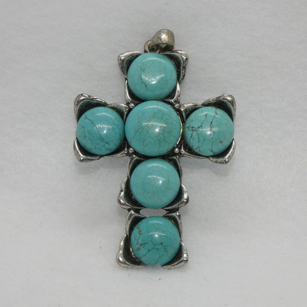 Silver Tone Faux Turquoise Statement Cross Pendant, Southwestern Style, Religious Symbol, Cross Necklace Pendant