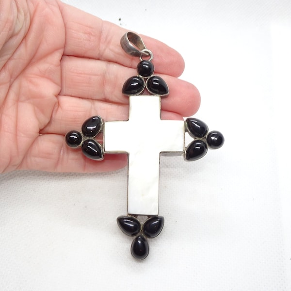 Vintage Sterling Silver, Black Onyx, Bone Statement Cross Pendant Necklace