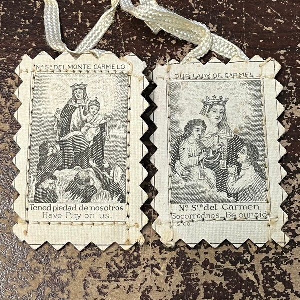 Vintage Catholic Scapular, Our Lady of Saint Carmel, Tened piedad de nosotros, Have Pity on Us, Socorrednos - Be Our Aid