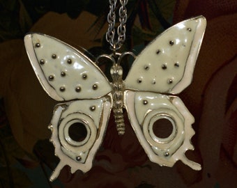 Vintage 1970's Enameled Butterfly Pendant Necklace, Celebrity NY, Beige Butterfly