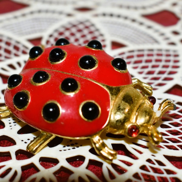 Ladybug Pin, Vintage Trifari Tm Figural Ladybug Brooch Red Enamel Black Lucite Spots Red Glass Eyes