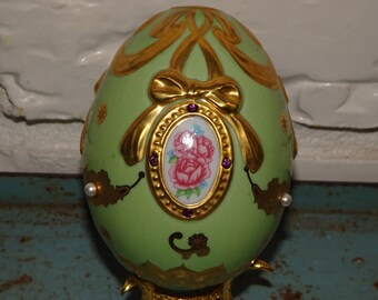 Porcelain Easter Egg & Stand, Lime Green Egg, Pink Rose, Porcelain, TFM, Hand Crafted in Taiwan, Easter Decor, Elegant, Pink Rose