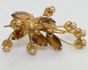 Vintage Gold Tone & Brown Rhinestone Flower Bouquet Brooch, Pin, MCM Modern Jewelry