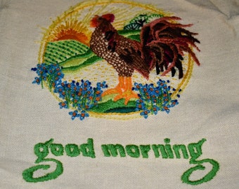 Vintage Rooster Needlepoint "Good Morning" Country Kitchen Decor, Sunrise, Farm, Flower Garden, Rolling Hills