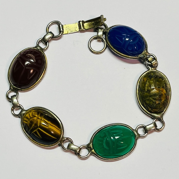 Vintage Silver Tone Stone Scarab Beetle Egyptian Revival Bracelet, Burt Cassell like, Mid Century Jewelry, Egyptian Style