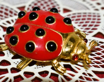 Ladybug Pin, Vintage Trifari Tm Figural Ladybug Brooch Red Enamel Black Lucite Spots Red Glass Eyes