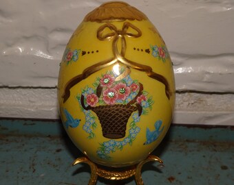 Porcelain Easter Egg, Stand, Yellow Easter Egg, Pink & Blue Flowers in a Basket,  TFM, Hand Crafted in Taiwan, Easter Decor, Elegant