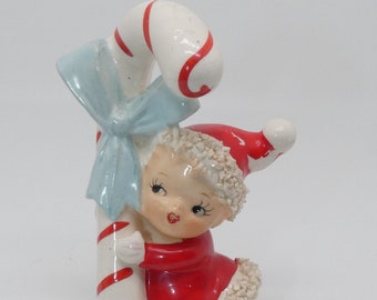 Spaghetti Trim Christmas Girl Figure, Shafford  Bow Huge Candy Cane, Mid Century Christmas, Spaghetti Christmas Figure