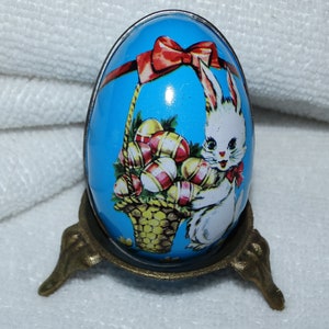 Vintage Lithograph White Bunny Tin Egg, Easter Bunny egg British Crown Colony, Made in Hong Kong, Easter Egg Basket Décor image 1
