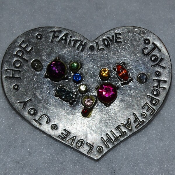 Vintage Rhinestone Valentine Broch, Faith, Love, Joy, Hope, Pewter Heart Brooch